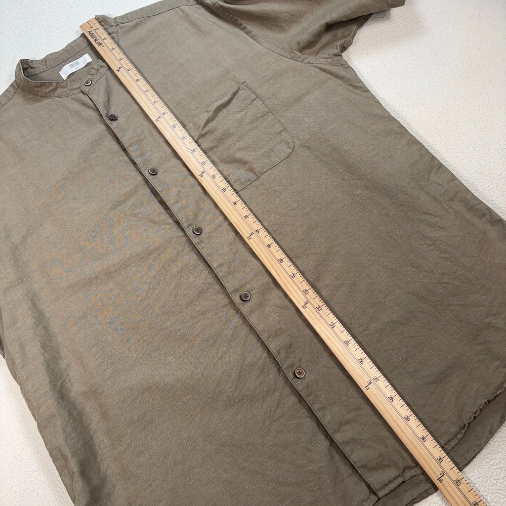 Uniqlo Linen-Cotton Shirt Mens L Olive Green Stand Collar Pocket Resort Vacation - Picture 10 of 13